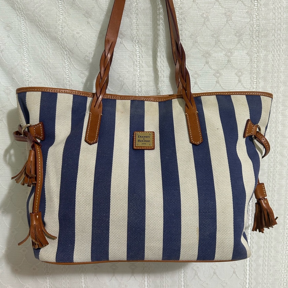 Dooney & Bourke Hand Bag Tote Purse Air travel Vtg? Leather Canvas Blue White